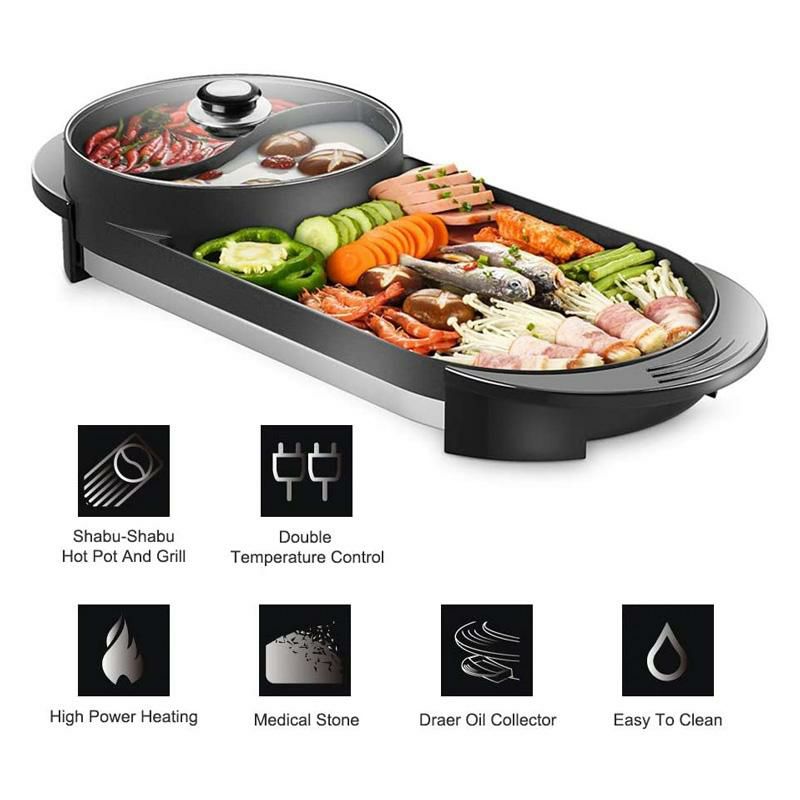 ホットプレート付電気仕切り鍋SEAANElectricGrillIndoorHotPotMultifunctional,IndoorTeppanyakiGrill/ShabuShabuPotwithDivider-SeparateDualTemperatureContral,Capacityfor2-12People,110V家電