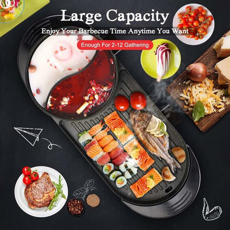 ホットプレート付電気仕切り鍋SEAANElectricGrillIndoorHotPotMultifunctional,IndoorTeppanyakiGrill/ShabuShabuPotwithDivider-SeparateDualTemperatureContral,Capacityfor2-12People,110V家電