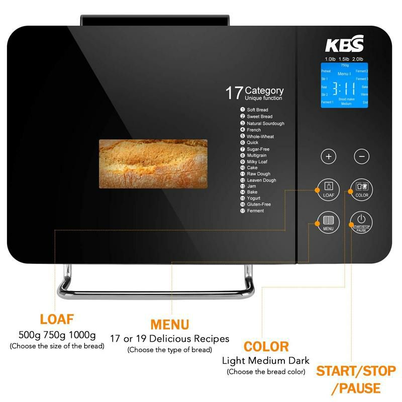 ホームベーカリーブレッドメーカーメニュー17種ステンレスKBSProStainlessSteelBreadMachine,2LB17-in-1ProgrammableXLBreadMakerwithFruitNutDispenser,NonstickCeramicPan&DigitalTouchPanel家電