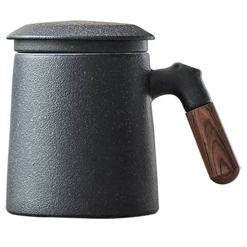 ティーマグ380mlステンレス茶こし付サンダルウッドハンドルセラミックSandalwoodhandleTeaMug,ChineseCeramicTeaCup,withInfuserandLid,13oz,MatteGrey