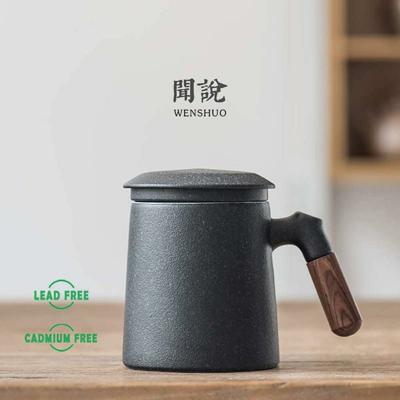 ティーマグ380mlステンレス茶こし付サンダルウッドハンドルセラミックSandalwoodhandleTeaMug,ChineseCeramicTeaCup,withInfuserandLid,13oz,MatteGrey