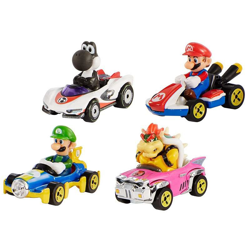 マリオカートフィギュア4体セットダイキャスト1:64スケールおもちゃレプリカルイージクッパヨッシーHotWheelsMarioKartCharactersandKartsasDie-CastCars