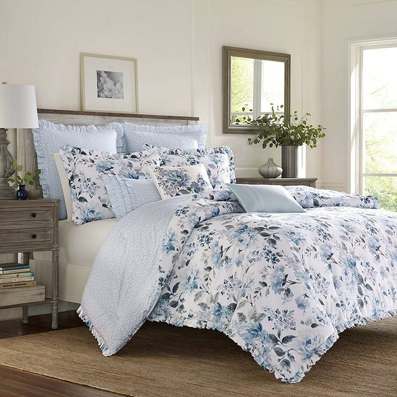 ローラアシュレイ リバーシブル キルト 枕カバーセット フリル 花柄 ブルー Laura Ashley Home Chloe