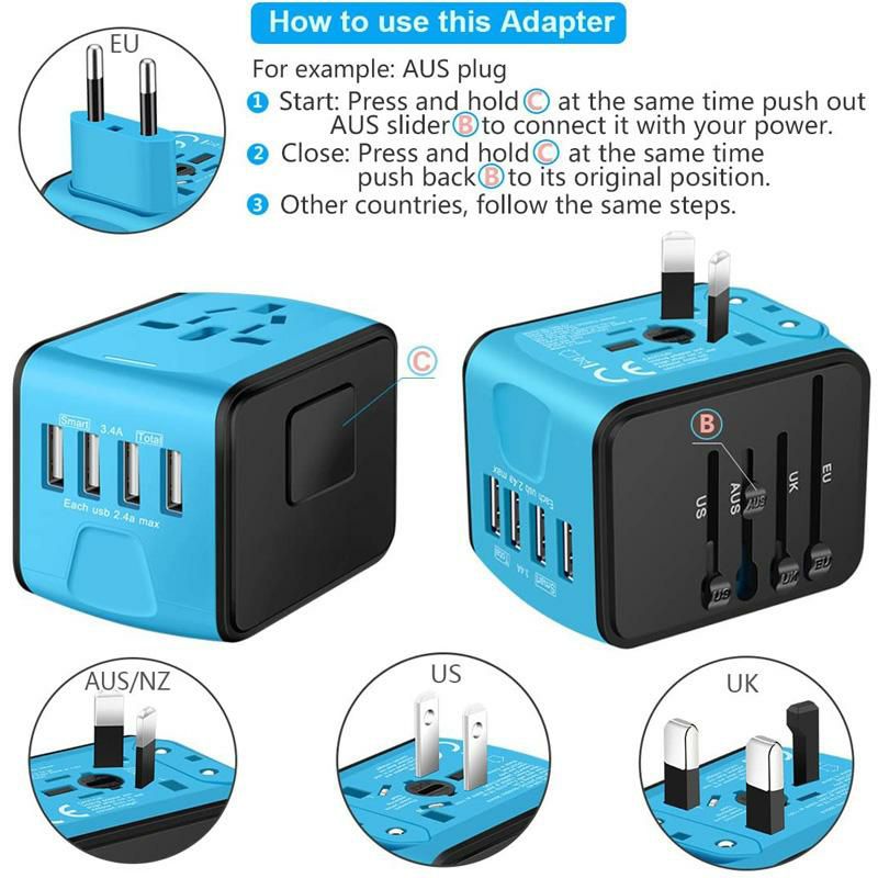 海外旅行用変換プラグパワーアダプターUSBポートSAUNORCHUniversalInternationalTravelPowerAdapterW/SmartHighSpeed2.4A4xUSBWallCharger,EuropeanAdapter,WorldwideACOutletPlugsAdaptersforEurope,UK,US,AU,Asia-Blue