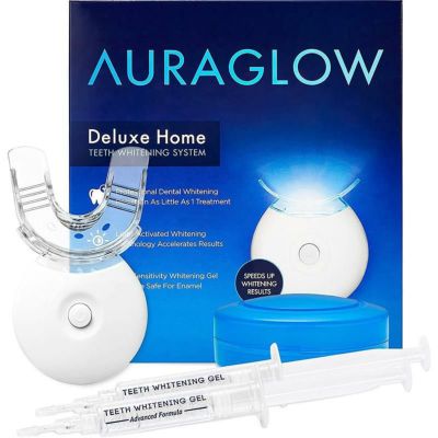 家庭用 ホワイトニングキット ワイヤレスマウスピース LEDライト 歯を白く AuraGlow Teeth Whitening Kit, LED Light, 35% Carbamide Peroxide, (2) 5ml Gel Syringes, Tray and Case