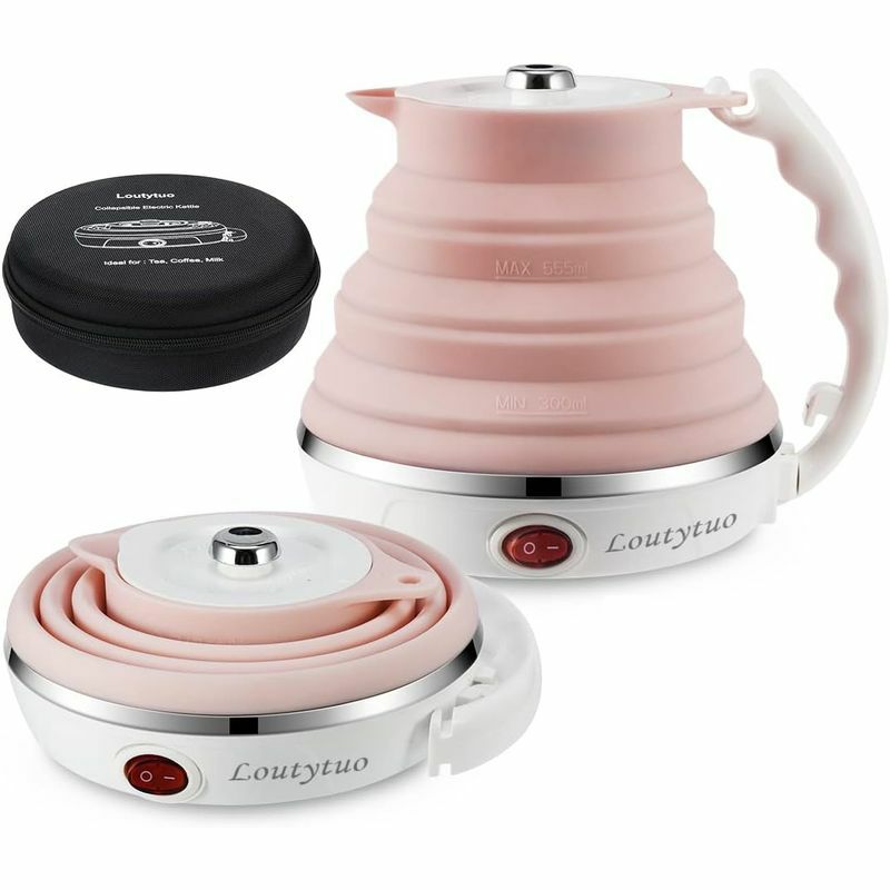 たためるコンパクト電気ケトル555mlシリコン海外旅行トラベルUltrathinUpgradedFoodGradeSiliconeTravelFoldableElectricKettleBoilDryProtectionPortablewithDualVoltageandSeparablePowerCord,555ML110-220VUSPlug