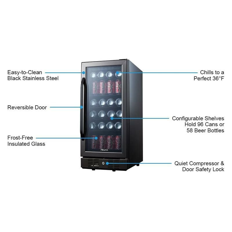 冷蔵庫96缶ビルトイン可ブラックステンレスガラスドア鍵付ニューエアーNewAirBeverageRefrigeratorCoolerwith96CanCapacity-MiniBarBeerFridgewithReversibleHingeGlassDoor-Coolsto34F-ABR-960B-BlackStainlessSteel家電