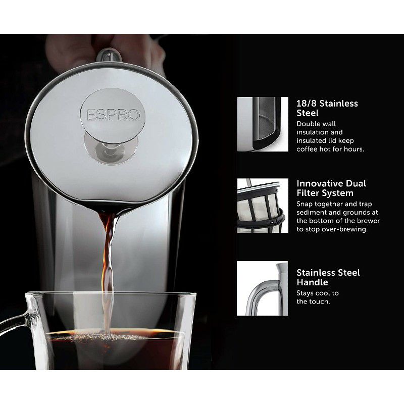 エスプロコーヒーフレンチプレスステンレス保温ダブルウォール532mlESPROP7DoubleWalledStainlessSteelInsulatedCoffeeFrenchPress(PolishedStainlessSteel,18Ounce)