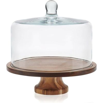 ケーキスタンド ウッド 直径30cm ガラスドームカバー付 木製 アカシア カフェ レストラン バイキング ビュッフェ Libbey Acaciawood Footed Round Wood Server Cake Stand with Glass Dome 56887