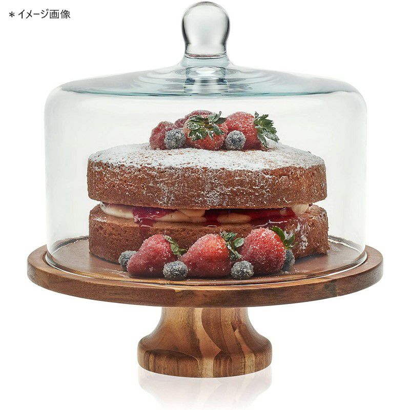 ケーキスタンドウッド直径30cmガラスドームカバー付LibbeyAcaciawoodFootedRoundWoodServerCakeStand