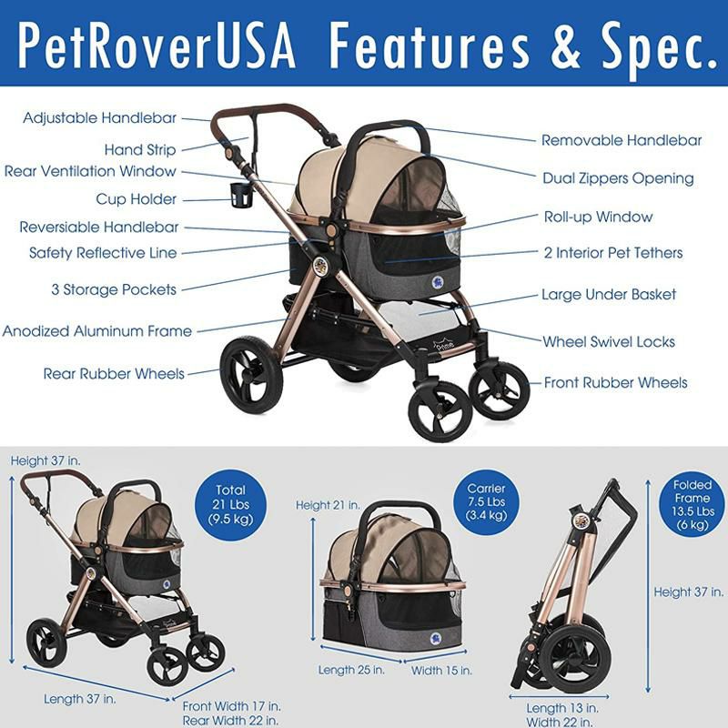 3-in-1ペット用カートキャリーカーシートドッグキャット犬猫HPZPetRoverPrime3-in-1LuxuryDog/Cat/PetStroller(TravelCarrier+CarSeat+Stroller)withDetachCarrier/Pump-FreeRubberTires/AluminumFrame/ReversibleHandle