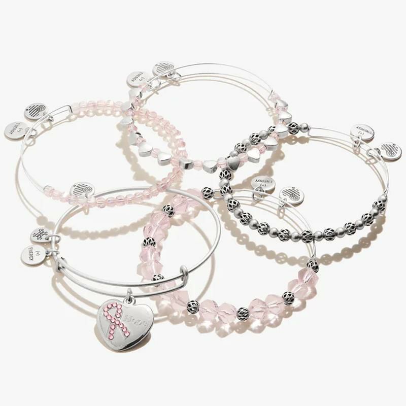 チャームバングル5個セットブレスレットビーズピンクハートニッケルフリーAlexandAniHope'PinkRibbonCharmBangle,Setof5