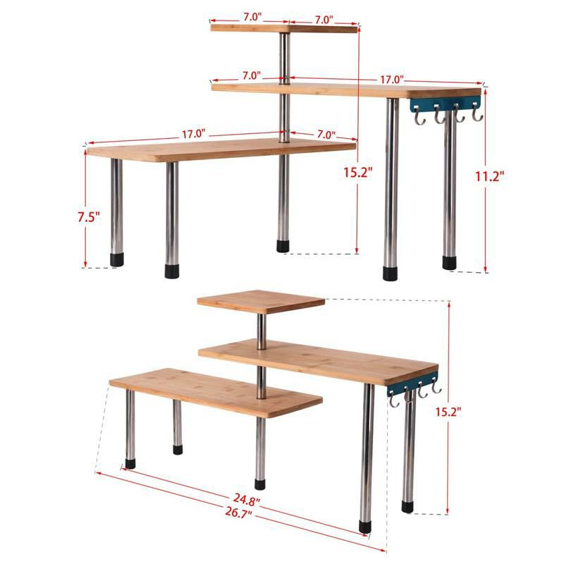 コーナーシェルフ3段バンブー竹棚ディスプレイオーガナイザーOllieroo3TierCornerShelfBambooCountertopOrganizerBookshelfDisplayShelvesSpaceSavingRackforLivingRoom,Kitchen,Office(withHooks)