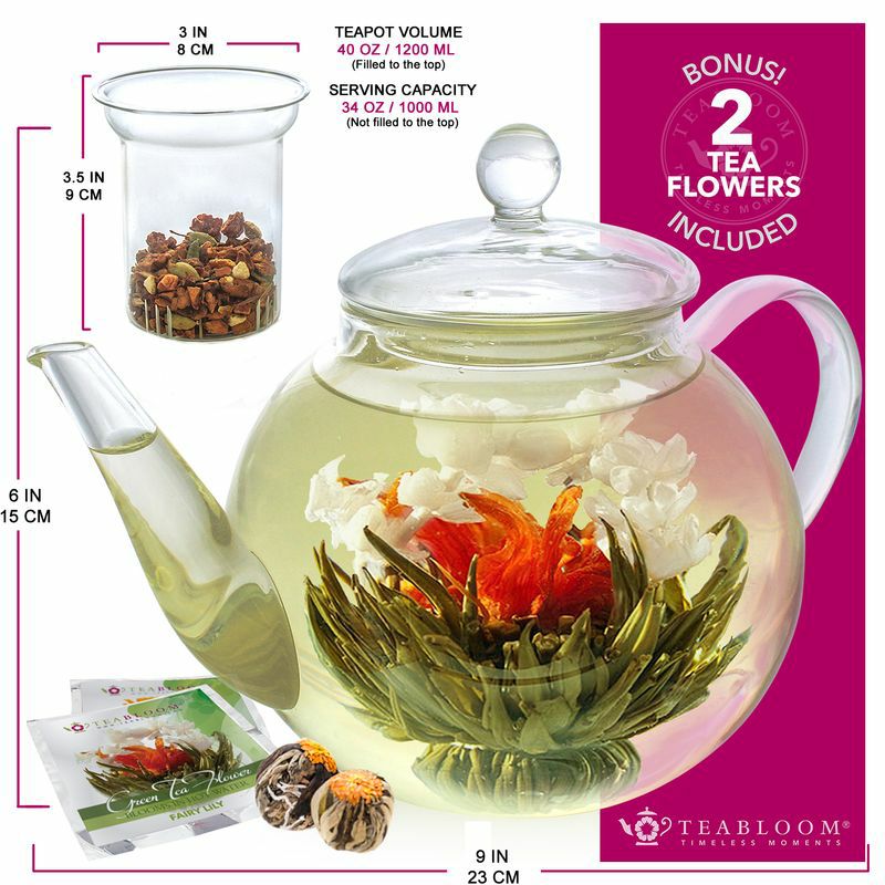 ケトルやかんガラスティーポット1.2Lガラス茶こし直火TeabloomStovetopSafeGlassTeapotwith2BloomingTeas&RemovableGlassInfuserforLooseLeafTea