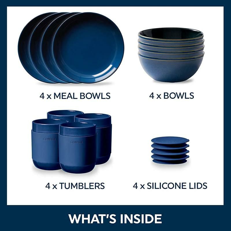 コレール食器セット4組16点無地CorelleStoneware16-pcDinnerwareSet,Navy,SolidandReactiveGlazes,Servicefor4