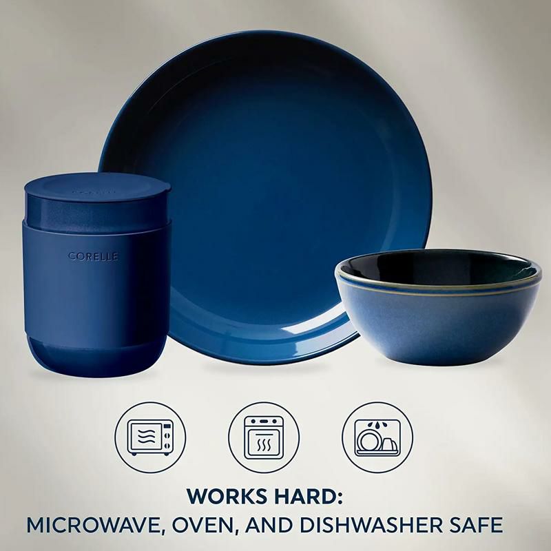 コレール食器セット4組16点無地CorelleStoneware16-pcDinnerwareSet,Navy,SolidandReactiveGlazes,Servicefor4