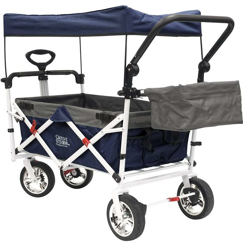 折りたたみワゴン屋根付ベビーカーカート子供プッシュプルCreativeOutdoorPushPullWagonforKids,FoldablewithSun/Rain(Blue)