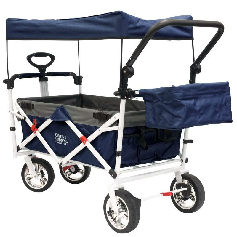 折りたたみワゴン屋根付ベビーカーカート子供プッシュプルCreativeOutdoorPushPullWagonforKids,FoldablewithSun/Rain(Blue)