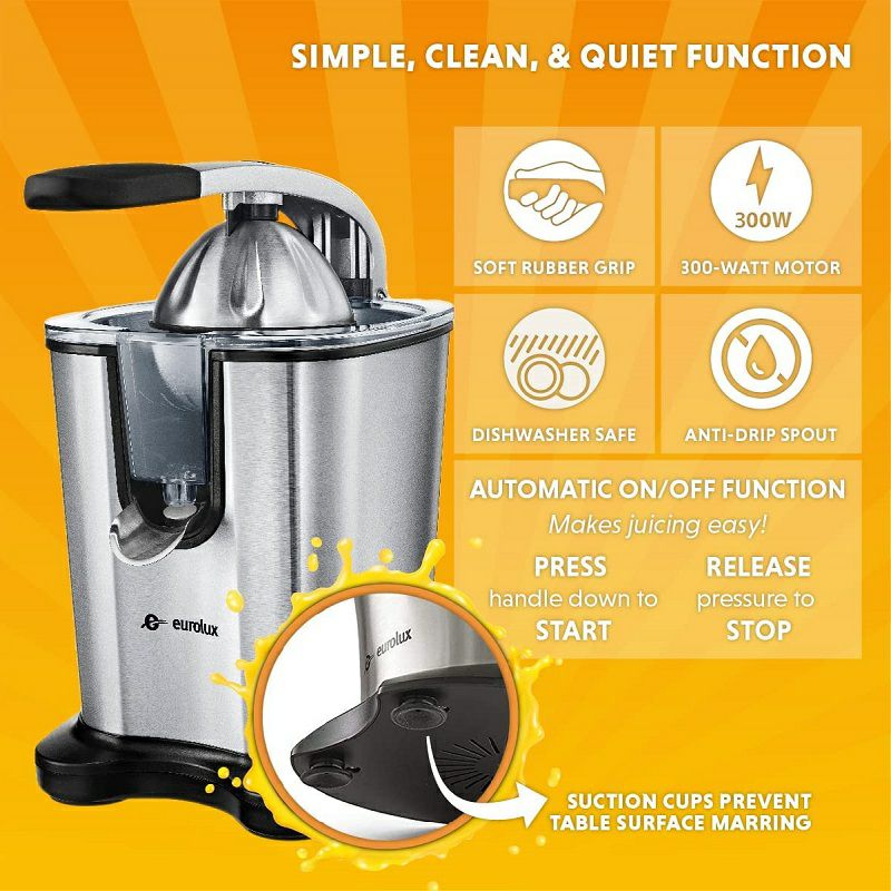 電動シトラスジューサーステンレスEuroluxELCJ-1700ElectricCitrusJuicerSqueezer,forOrange,Lemon,Grapefruit,StainlessSteel160WattsofPowerSoftGripHandleandConeLidforEasyUse