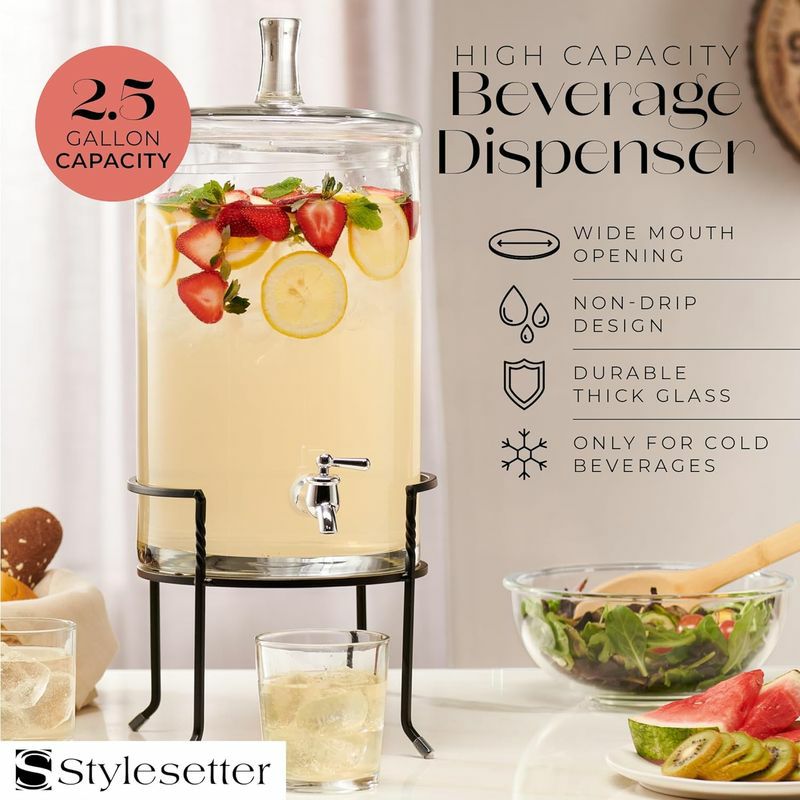 ガラスドリンクディスペンサー9.4Lワイヤースタンド付2.5GallonRoundGlassBeverageDispenserwithMetalStand494210947GB