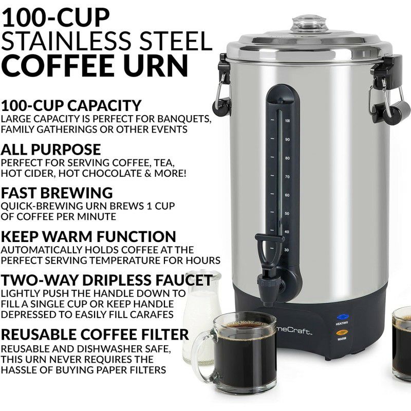 大きいコーヒーメーカーコーヒーサーバー30カップパーティホテルHomeCraftCU30SSQuick-Brewing1000-WattAutomaticCoffeeUrn,30-Cup,StainlessSteel家電