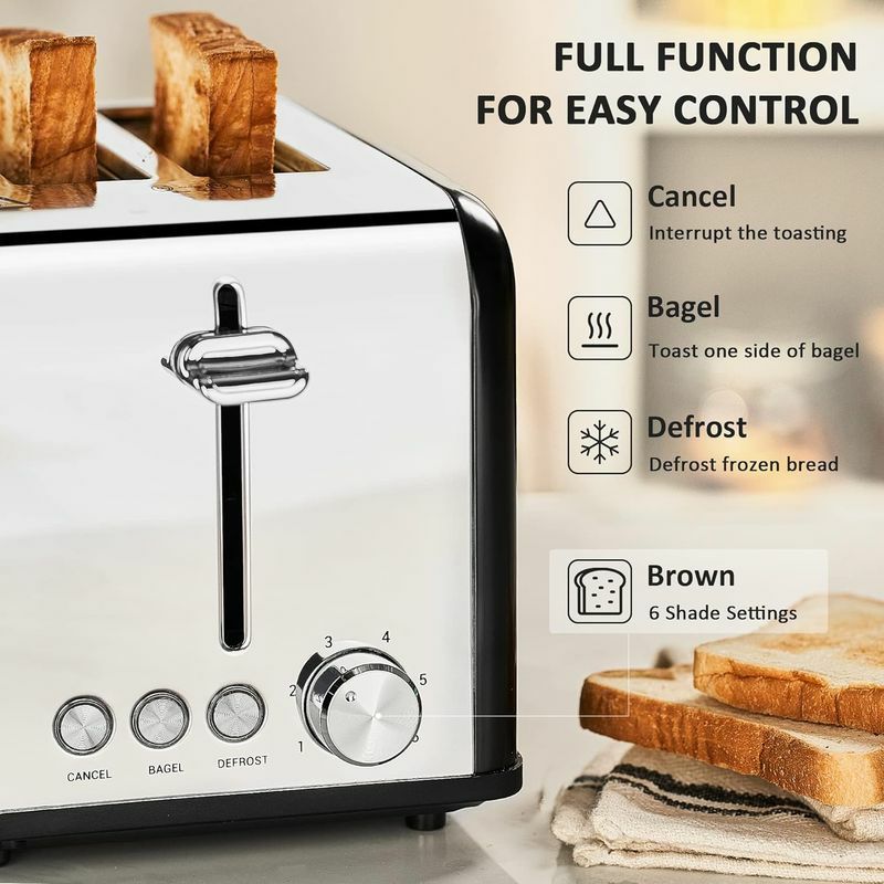 ポップアップトースター4枚焼ステンレスToaster4Slice,CUSIBOXStainlessSteelToasterwithBAGEL/DEFROST/CANCELFunction,ExtraWideSlotsFourSliceBreadBagelToaster,1650W,Black家電