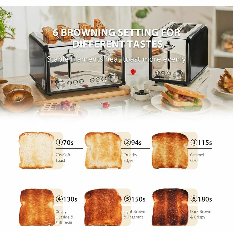 ポップアップトースター4枚焼ステンレスToaster4Slice,CUSIBOXStainlessSteelToasterwithBAGEL/DEFROST/CANCELFunction,ExtraWideSlotsFourSliceBreadBagelToaster,1650W,Black家電