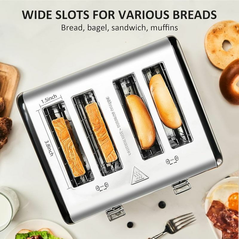 ポップアップトースター4枚焼ステンレスToaster4Slice,CUSIBOXStainlessSteelToasterwithBAGEL/DEFROST/CANCELFunction,ExtraWideSlotsFourSliceBreadBagelToaster,1650W,Black家電