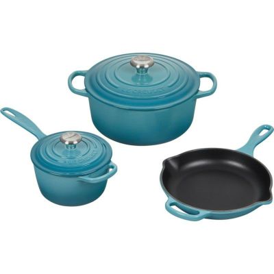 ル・クルーゼ ルクルーゼ クックウェア 鍋 フライパン 3点セット カリビアン ブルー Le Creuset 5 Piece Signature Enameled Cast Iron Cookware Set, Caribbean