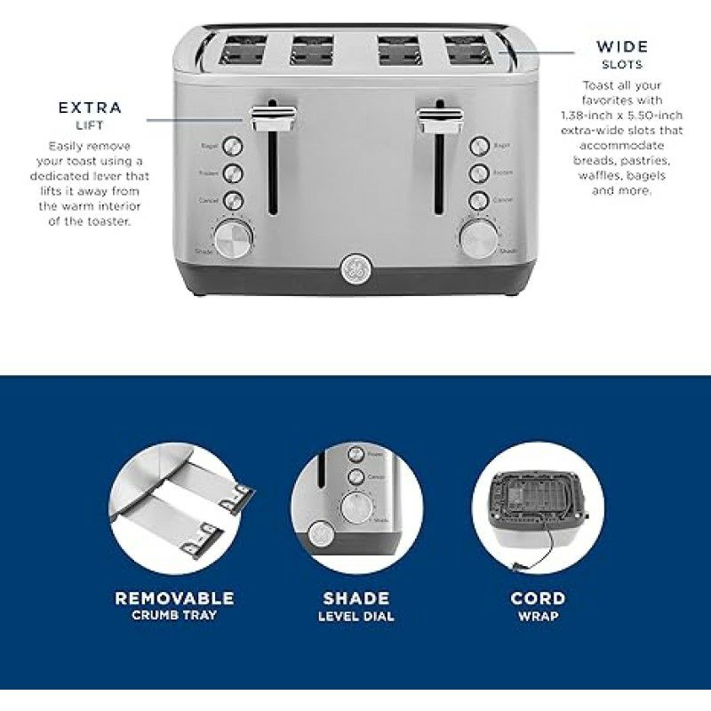 トースト4スライスエクストラワイドスロットステンレス製GEStainlessSteelToaster4SliceExtraWideSlotsKitchenEssentials家電