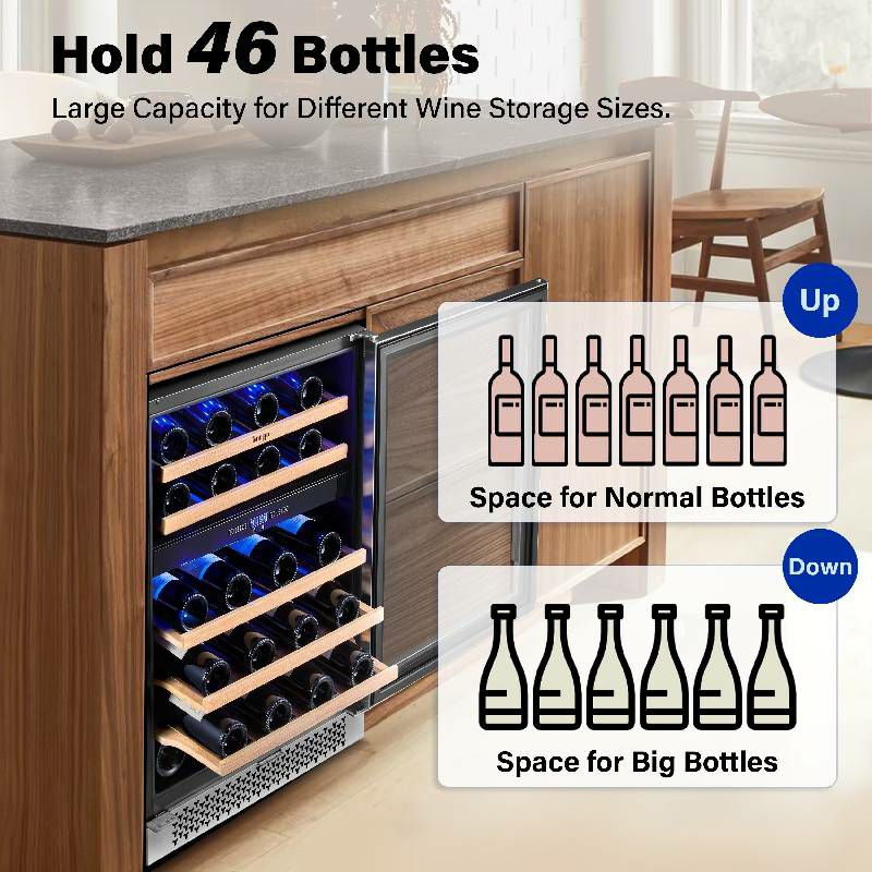 ワインクーラー冷蔵庫46ボトルビルトイン可アンダーカウンター幅60cm130LガラスドアステンレスYeego24InchWideDualZoneWineFridge,Built-InorFreestandingYEG-WD24【代引不可】