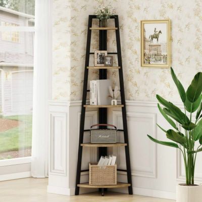コーナーシェルフ 木製 オーク メタル ラック 5段 棚 ディスプレイ BON AUGURE Corner Ladder Shelf, 5 Tier Metal Wood Corner Bookshelf, Tall Corner Shelf Plant Stand for Living Room, Home Office, Bathroom