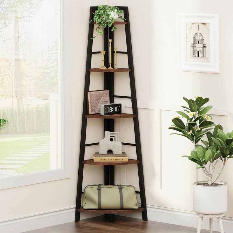 コーナーシェルフ木製ラック5段棚ディスプレイSpringSun5-TierCornerLadderWoodShelf,DisplayRackMultipurposeBookshelfandPlantStandforLivingRoomandOffice