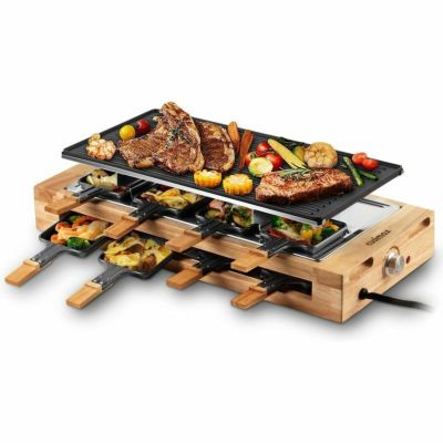 ラクレット 電気グリル 8トレー リバーシブルプレート 木目デザイン Indoor Grill, CUSIMAX Raclette Table Grill, 1500W Electric Grill Korean BBQ Grill with 2 in 1 Reversible Non-stick Plate/Wooden Base, Pa