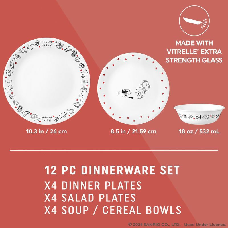 コレールハローキティ食器4組12点セットディナーウェアアメリカ製CorelleHelloKitty,VeryDelicious12-pieceDinnerwareSet,Servicefor4