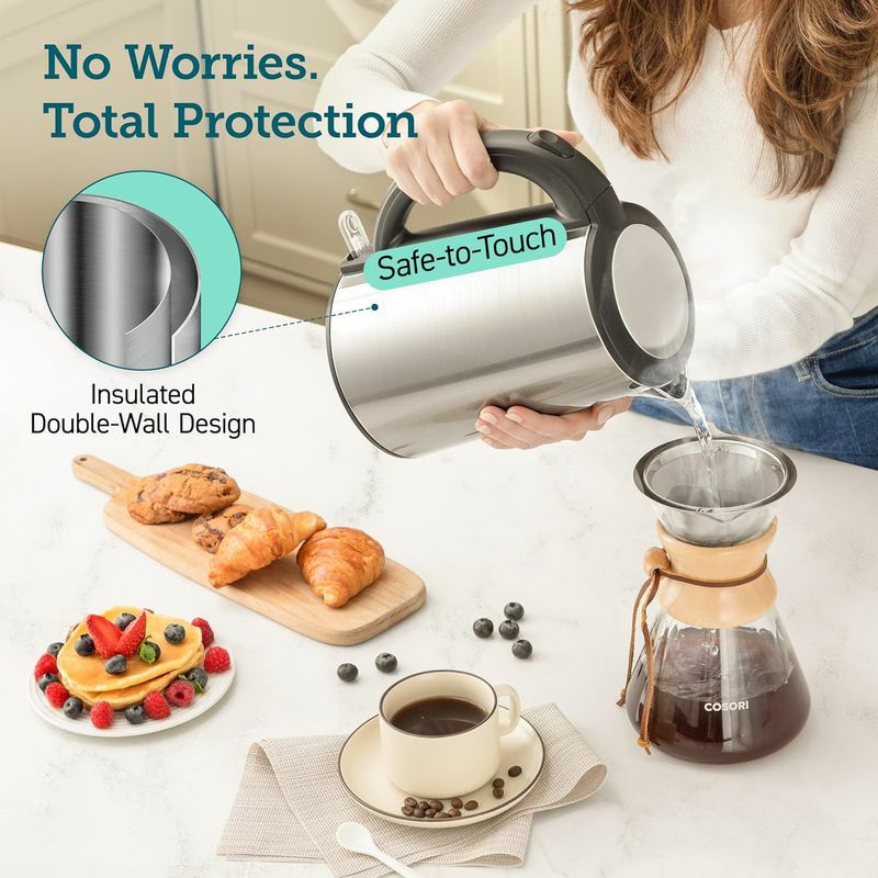 熱くならない電気ケトル1.5LステンレスセキュラSecuraDoubleWallStainlessSteelElectricKettleWaterHeaterforTeaCoffeew/AutoShut-OffandBoil-DryProtection,1.5L/1.6Qt家電